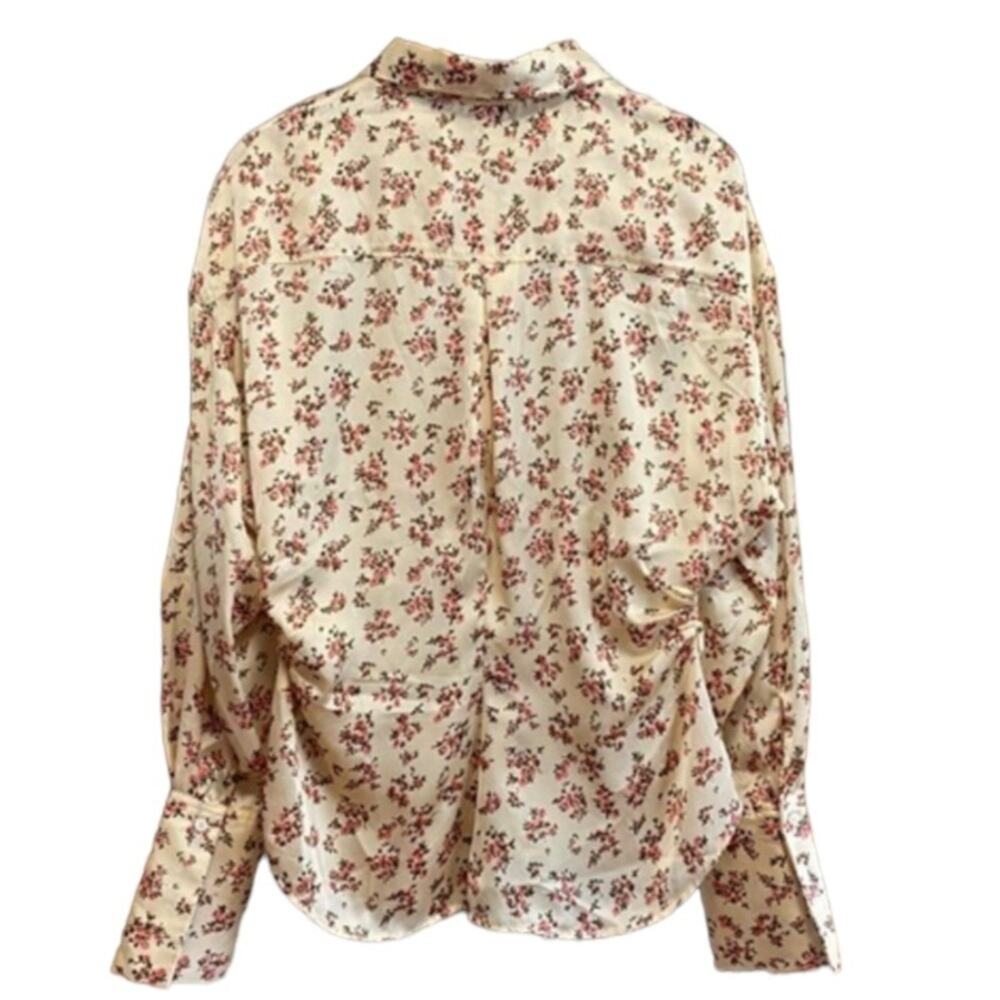 Zara Beige Cream Floral Satin Long Sleeve Button Down Shirt Blouse Size XS - Picture 10 of 16